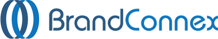 A light and dark blue logo for BrandConnex with interconnecting links representing companies connecting.