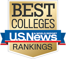 A gold U.S. News and World Report badge reading “Best Colleges Rankings.”