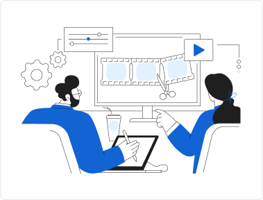 Abstract art of two people editing a video on their computer.