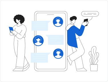 Abstract art of two people having a conversation via messaging on their phones.