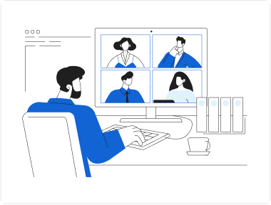 Abstract art of a man having a video call with four people on his computer screen.