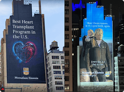 Montefiore Einstein Neurosurgery wallscape on a building in NYC featuring a gold “Best Hospitals” badge.