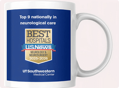 UT Southwestern Medical Center mug reading “Top 9 nationally in neurological care” with a “Best Hospitals” U.S. News badge.