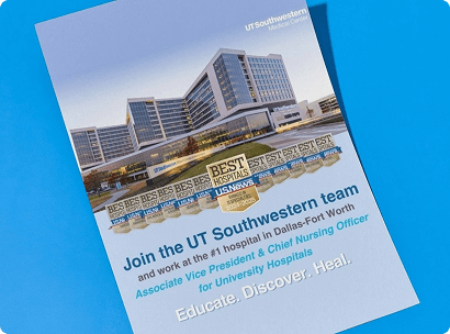 A flier for UT Southwestern reading “Join the UT Southwestern team and work at the #1 hospital in Dallas-Fort Worth” featuring 12 “Best Hospitals” U.S. News badges.