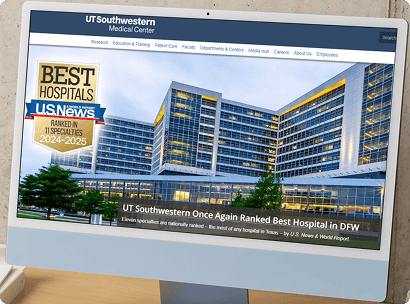 The UT Southwestern Medical Center homepage shows their hospital with a gold U.S. News badge reading “Best Hospitals.”