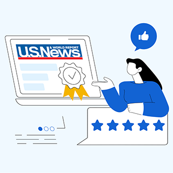 Abstract art of a woman gesturing to the U.S. News logo on a laptop screen with five stars in a speech bubble.