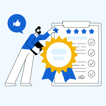 Abstract art of a man giving something five stars on a checklist.