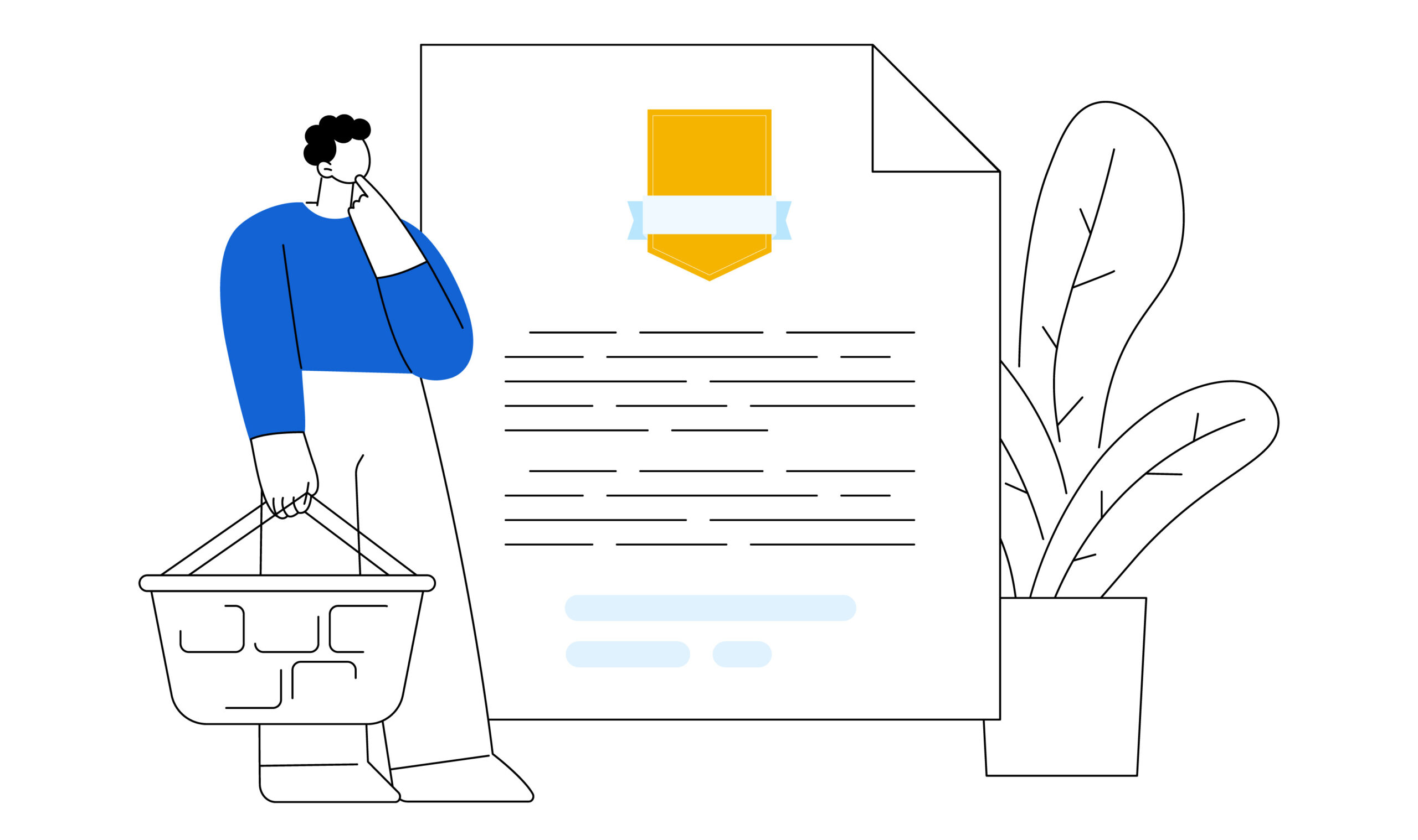 Abstract art of a man with a shopping basket looking thoughtfully at a flier with a gold badge on it.