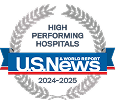 A silver U.S. News and World Report emblem of laurel leaves around text reading “High Performing Hospitals 2024-2025.”