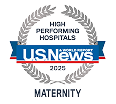 A silver U.S. News and World Report emblem of laurel leaves around text reading “High Performing Hospitals 2025 Maternity.”