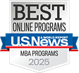 A silver U.S. News and World Report badge reading “Best Online Programs: MBA Programs 2025.”